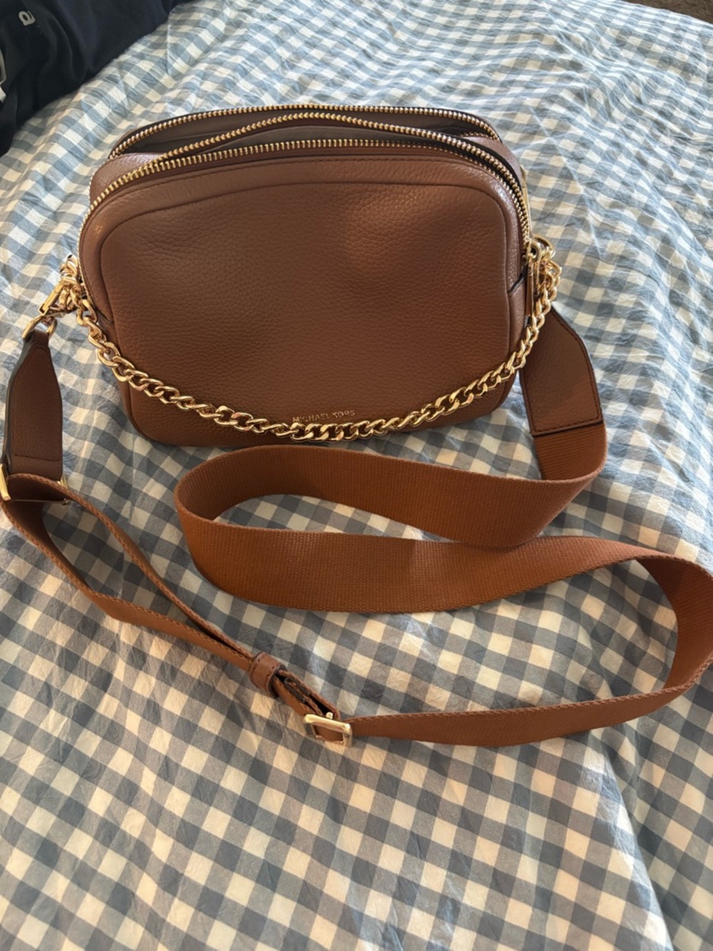 Michael Kors Bryant Cognac Pebbled Leather Crossbody Camera Bag with Gold Chain